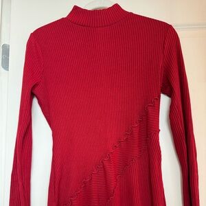GUESS NWT Red Ribbed Long Sleeve Ruffle Detail Dress